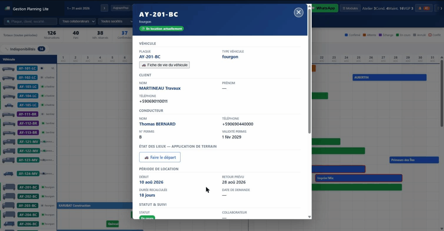 Depuis le Planning, une réservation ouvre le véhicule, le client, le conducteur et l'accès au départ mobile.