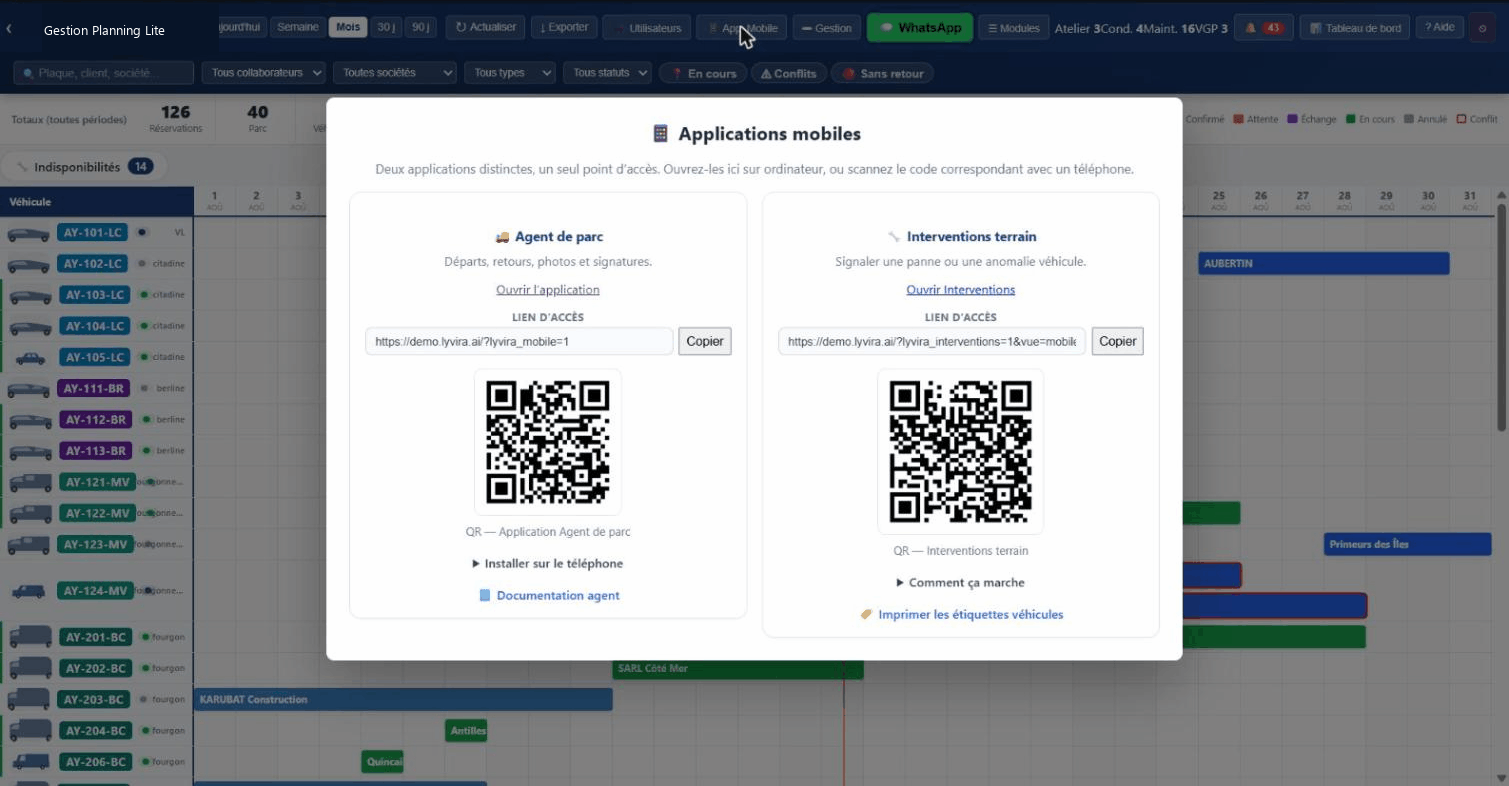 Accès mobile aux départs et retours, pensé pour les opérations de terrain et les écrans tactiles.
