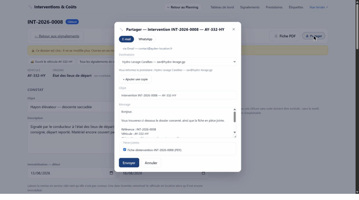 Une action métier se partage depuis son contexte, vers un destinataire identifié et au moyen d'un canal configuré.