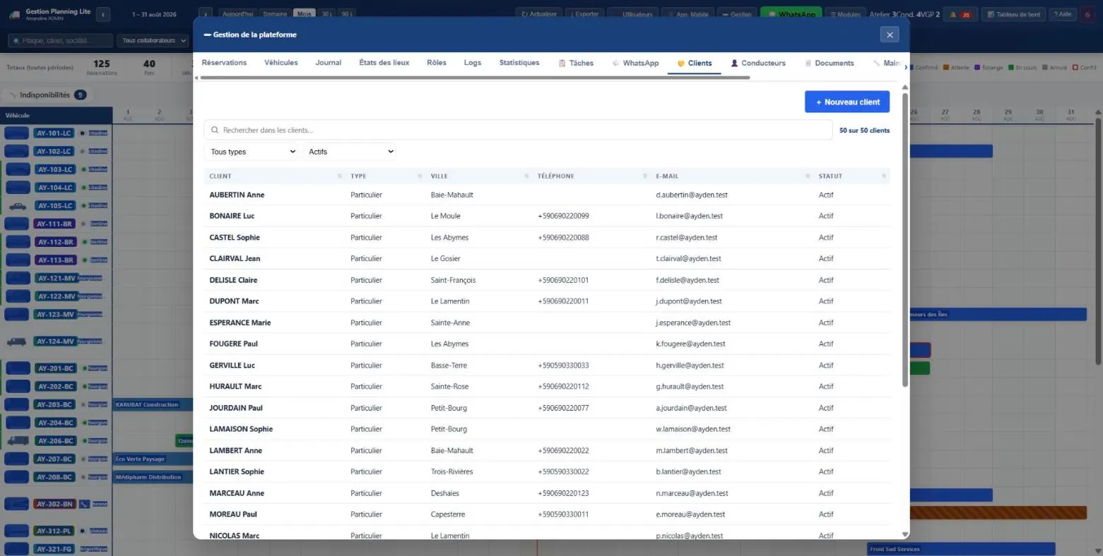 Liste des clients dans Gestion Planning Lite