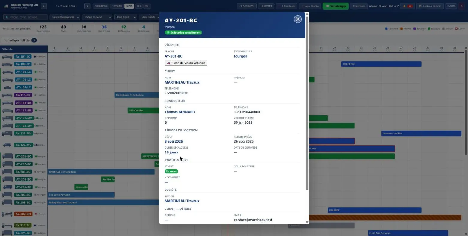 Fiche réelle d’une réservation Gestion Planning Lite