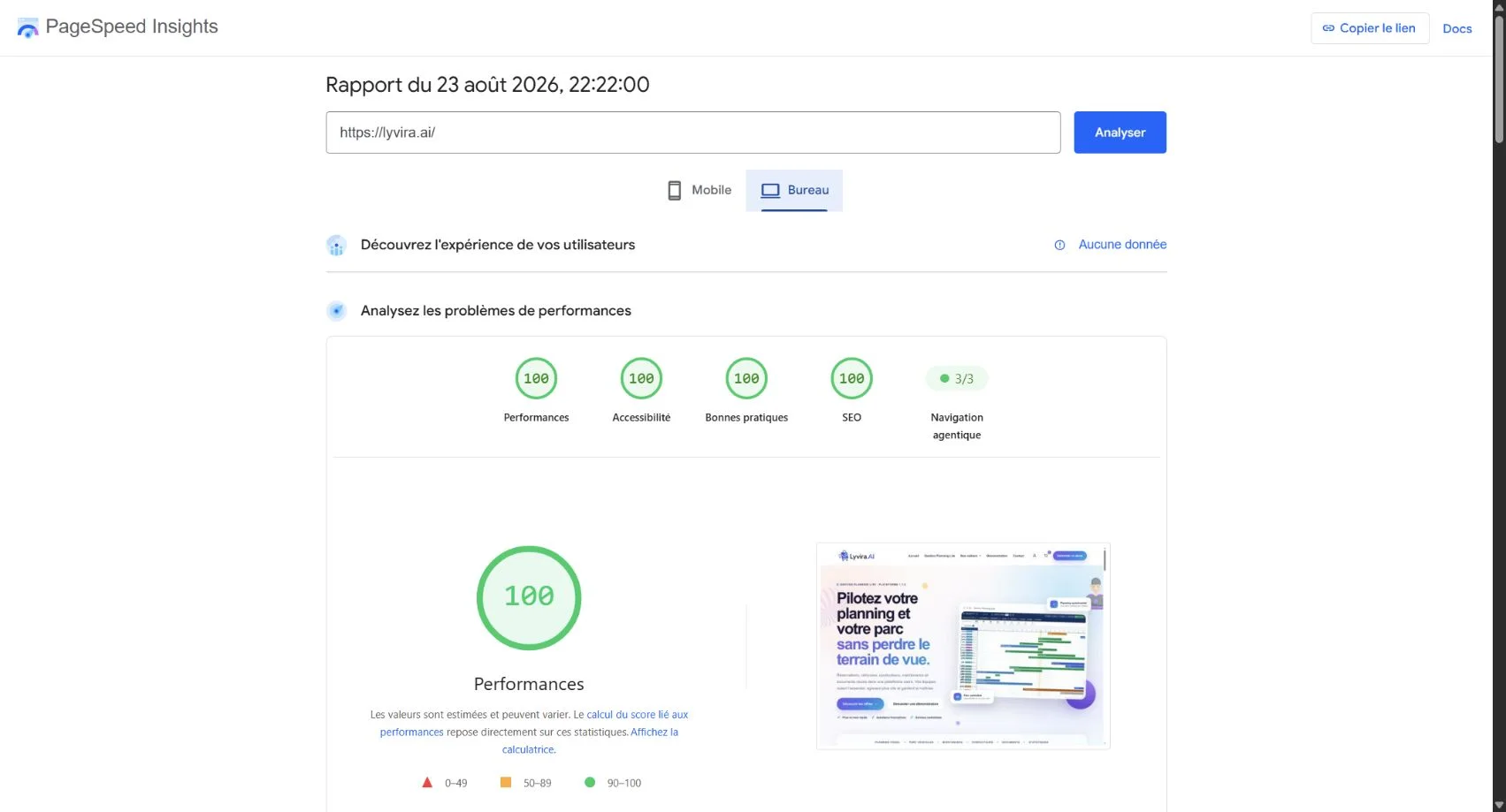 Rapport PageSpeed mobile de Lyvira.AI avec quatre scores de 100 et navigation agentique 3 sur 3